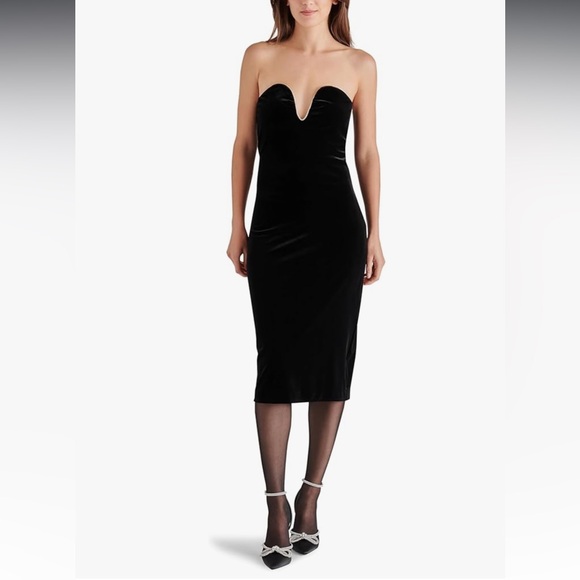 NEW Velvet Rhinestone Wire Plunge Evening Cocktail Formal Strapless Midi Dress - Picture 7 of 9